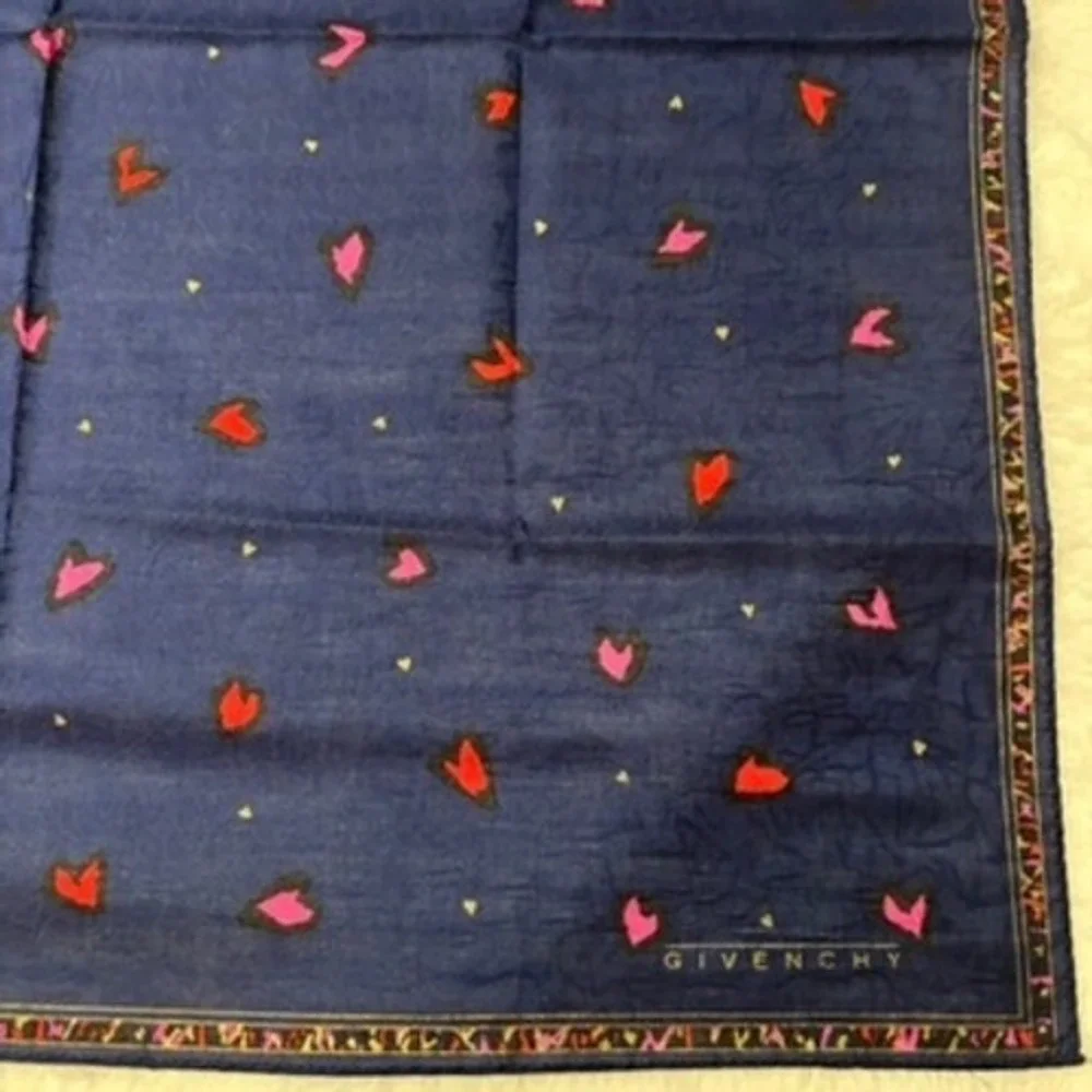 Vtg GIVENCHY Scarf Handkerchief Heart Cotton Navy Blue 18.5